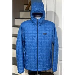 Men's Large Patagonia Nano Puff Hooded Light Weight Insulated Andes Blue Jacket!